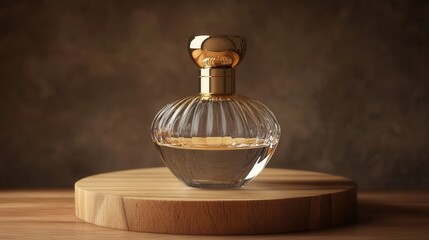 Elegant Perfume Bottle on Wooden Display Luxury Fragrance Gold Cap Glass Still Life