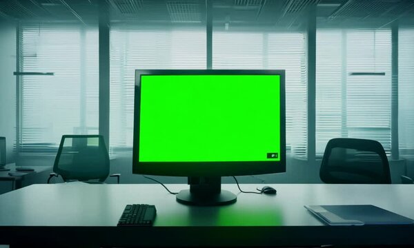 Empty office and computer monitor with green sreen on the table. Generative AI