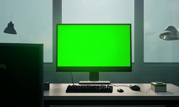 Empty office and computer monitor with green sreen on the table. Generative AI