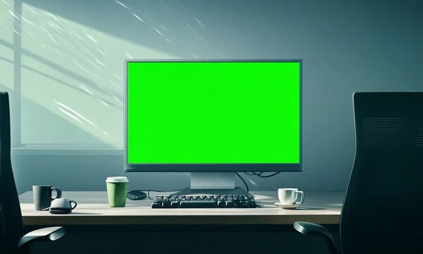 Empty office and computer monitor with green sreen on the table. Generative AI