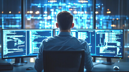 IT team member monitoring secure traffic on company servers.
