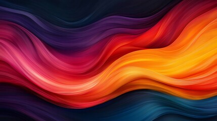 A vibrant, abstract design featuring flowing waves of color, blending shades of red, purple, orange, and blue against a dark background.