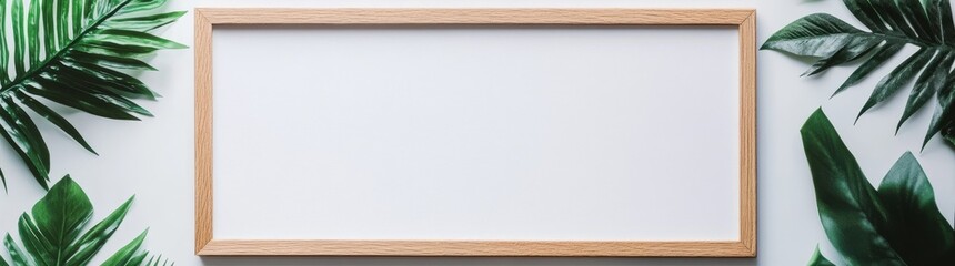 Obraz premium Wooden frame with tropical leaves. Exotical background with copy space for text. Isolated on white background. Mockup template 