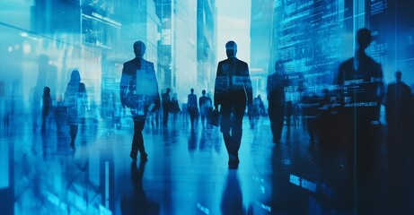 Silhouettes of business people walking in the city, a digital background with blue lights and data elements	
