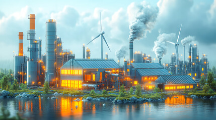 Obraz premium Modern Industrial Complex with Renewable Energy Sources