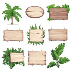 Wooden Signs with Tropical Leaves - Graphic Design Elements