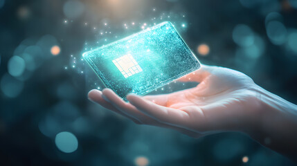 Digital wallet, A holographic digital wallet hovering above a hand