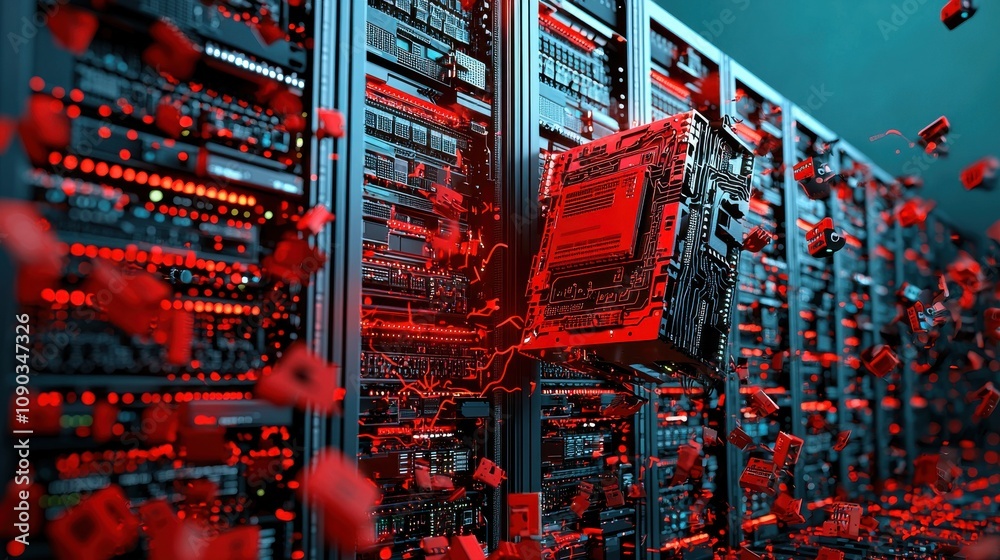 Poster ai-powered server room breach alert lighting data center digital infrastructure high-tech environmen