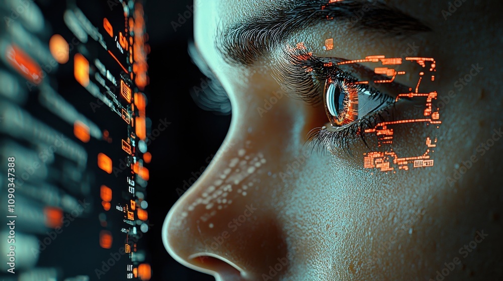 Poster illuminated closeup of hacker's face engaged in ai breach dark room digital art intense atmosphere c