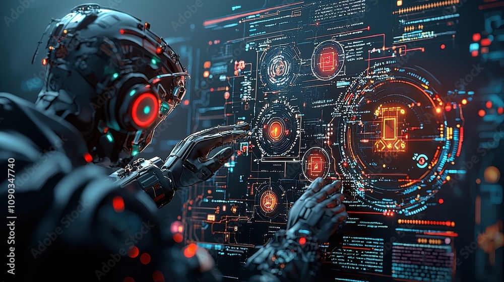 Aufkleber Ai data breach alert dark computer setup virtual environment high-tech surveillance concept