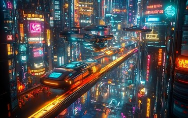 Futuristic cyberpunk city with flying cars and neon lights.