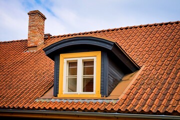 Dormer window in a tiled roof. Red tiled roof with an attic.