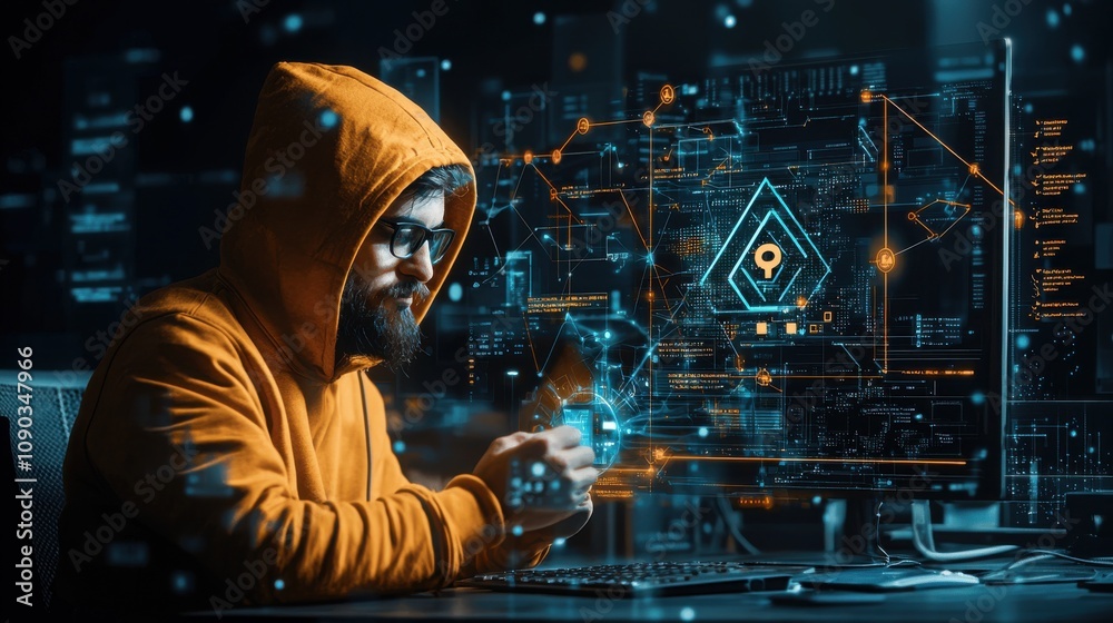 Fototapete Hacker exploits security breach warning standards to access ai data in a digital environment with cybersecurity implications