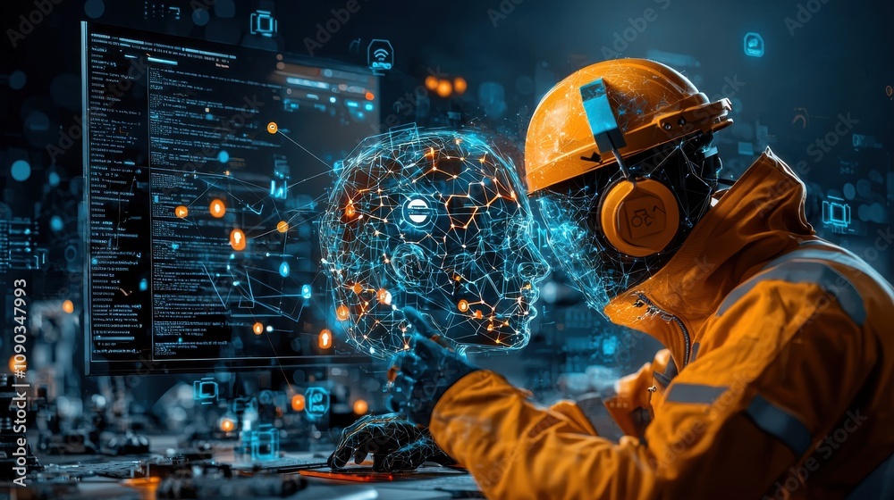 Poster Hacker manipulating breached ai neural model on screen digital workspace visual data analysis cybersecurity environment technical perspective machine learning exploitation