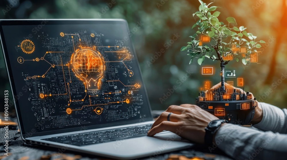 Aufkleber Hands on laptop displaying breached ai interface with co-standard digital workspace technology environment close-up view cybersecurity concept