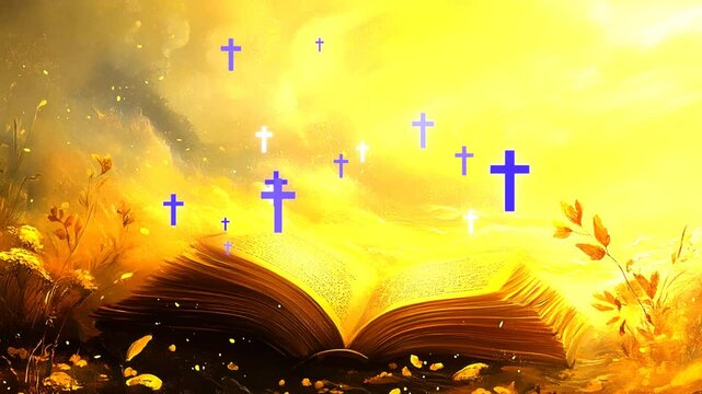 33 seconds of computer generated crosses flying up with AI generated heavenly bible hd video animation motion graphics screensaver visualizer 