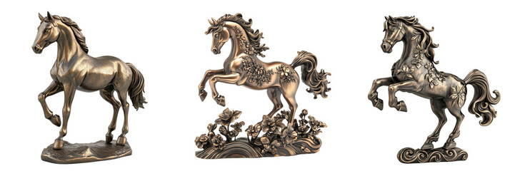 Fototapeta premium Collection of A 3D horse figurine, a bronze statue of a jumping wild stallion with floral ornaments, on Transparent PNG Background. Generative AI 