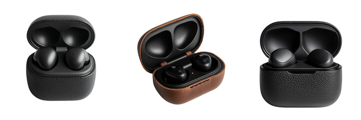 Collection of  A Twin black wireless earbuds in an open leather case on Transparent PNG Background. Generative A