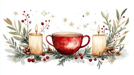 Fototapeta premium Chinese tea ritual New Year celebrates harmony and warmth, featuring aromatic tea surrounded by candles and festive greenery for a cozy ambiance