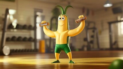 A confident cartoon zucchini wearing green shorts, holding a protein bar and flexing its long, muscular arms, with a blurry gym setting behind.