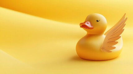A glossy rubber duck featuring a modern number 8 wing design, resting on a smooth yellow backdrop, creating a cleminimalist look