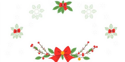 Christmas doodle flat style wreath with traditional festive elements such as bells, holly, and snowflakes on a white background isolated, flat style, traditional, snowflakes