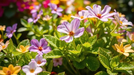 Fototapeta premium Close-up of vibrant purple flower petals and leaves on a sunny day, colorful, foliage, leaves