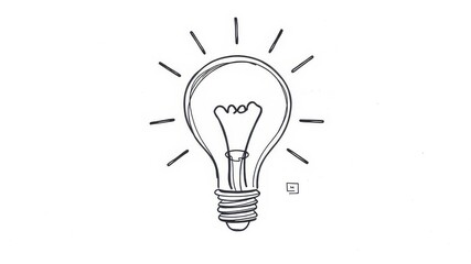 Hand drawing of a glowing light bulb on a white background, creativity, symbol, concept