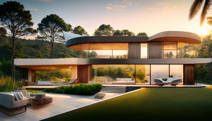 Fototapeta premium Modern Luxury Villa with Infinity Pool and Scenic Views