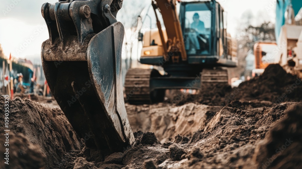 Poster a focused image of a heavy machinery operator maneuvering an excavator at a road construction site, 