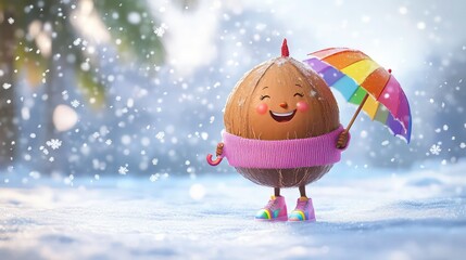 Fototapeta premium A cute coconut with a smiling face, wearing a pink sweater and shoes, holding a rainbow umbrella, standing in the snow with softly blurred snowflakes gently falling behind.