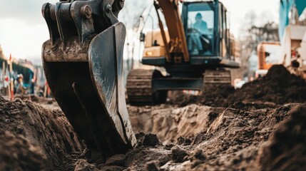 A focused image of a heavy machinery operator maneuvering an excavator at a road construction site, Road construction excavator operation scene, Commanding and precise style