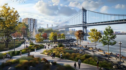 A bustling waterfront park with people enjoying the view of the sleek bridges