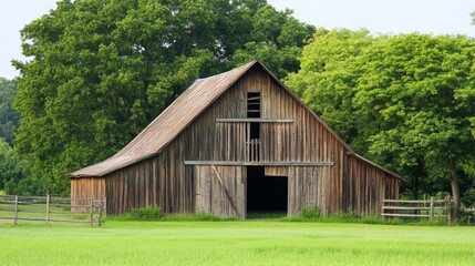 Rustic Wooden Barn in a Green Field