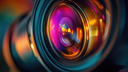 Close-Up View of a Professional Camera Lens with Vibrant Reflections and Colorful Bokeh Creating an Artistic and Engaging Composition for Photography Enthusiasts