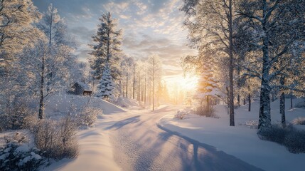 Obraz premium Serene winter landscape at sunset with snow-covered trees and a winding path.