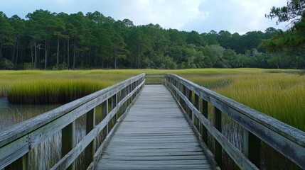Obraz premium Tranquil Wooden Bridge Over Marsh Landscape