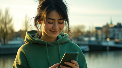 Young Asian woman standing in front of an ancient European city landscape wearing a green hoodie looking at her mobile phone