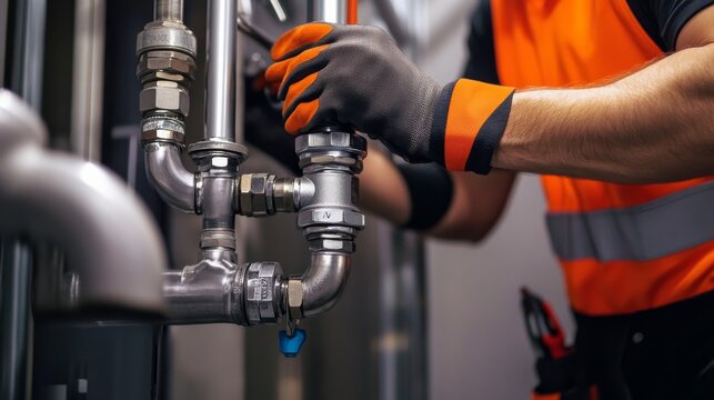 A focused image of a plumber installing piping systems in a commercial kitchen renovation, Plumbing installation scene, Practical and precise style
