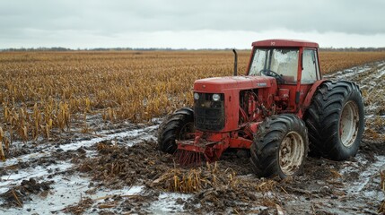 Red tractor stuck in mud after harvest, autumnal field.  Difficult farming conditions.