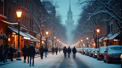 Obraz premium A cityscape with snow-covered roads.