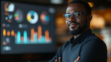 Obraz premium Black afro american business man standing in a meeting room doing a KPI and results presentation showing graphs and explaining them