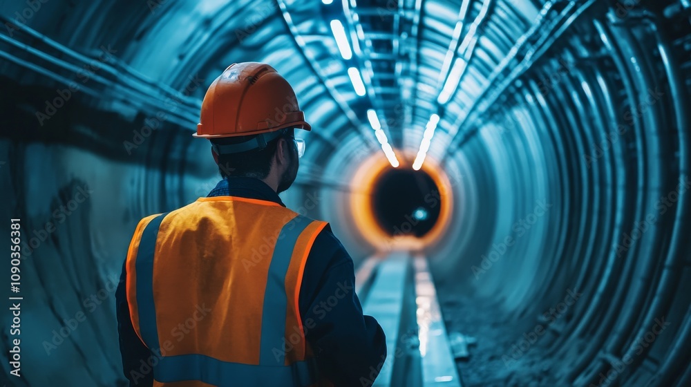 Poster a focused image of a tunnel engineer examining tunnel excavation progress underground, underground t