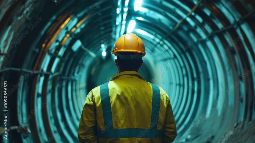 Poster a focused image of a tunnel engineer examining tunnel excavation progress underground, underground t