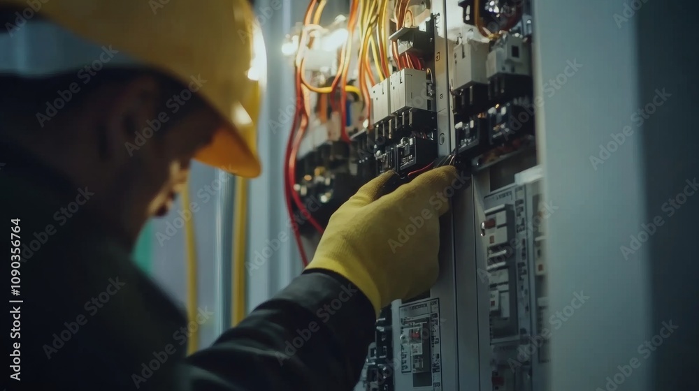 Poster a focused image of an electrician installing electrical panels in a new office building, electrical 