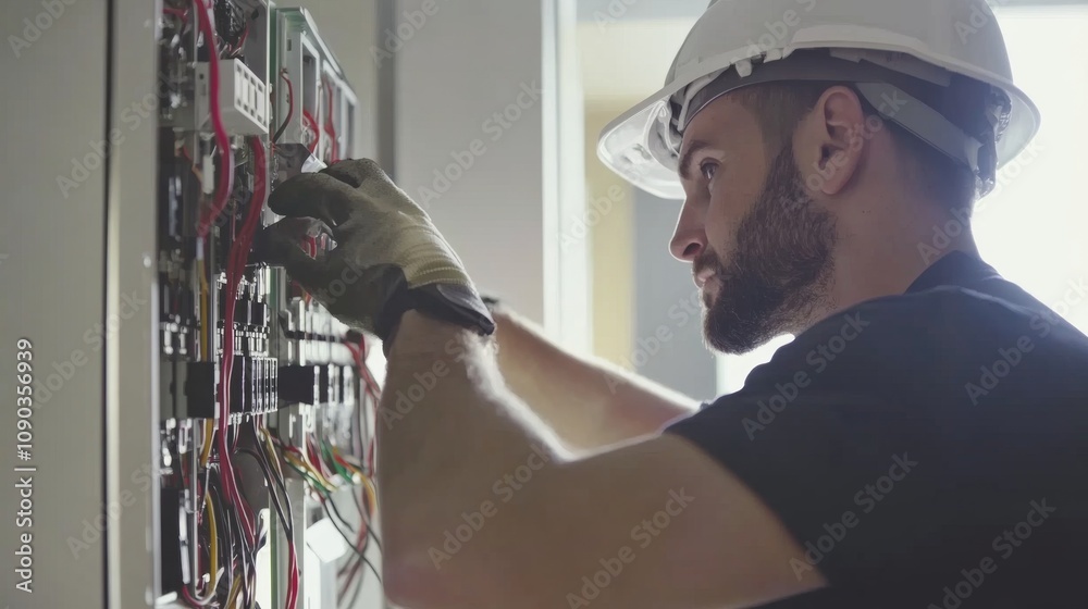 Poster a focused image of an electrician installing electrical panels in a new office building, electrical 