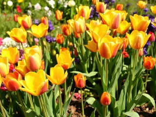 Fototapeta premium Vibrant line of yellow tulips blooming in a garden, bloom, beauty, flowers