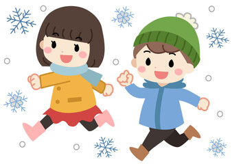 冬の日に雪の中を走る子供達のイラスト