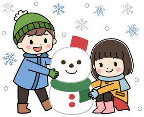 冬の日に雪だるまを作る子供達のイラスト