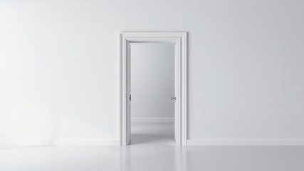White open and closed doors with doorframe on white background, entrance, interior, modern